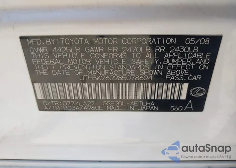 2008 Lexus Is 250 из США, поврежденный, VIN JTHBK262285078624